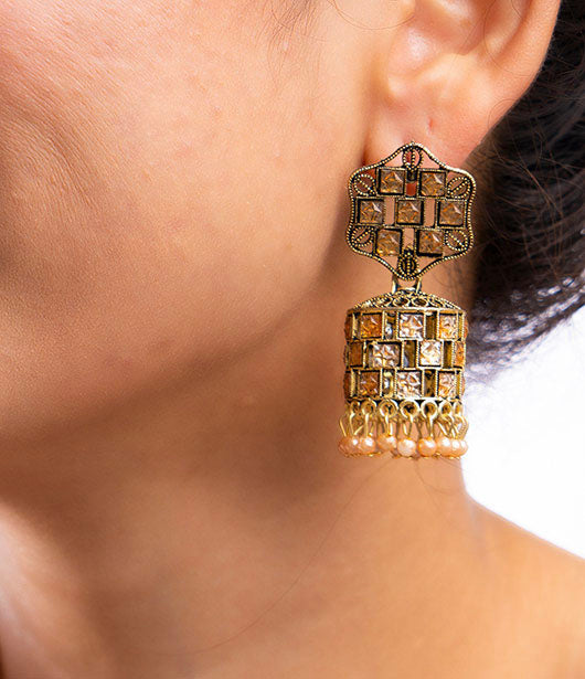 Antique Gold-Toned Jhumka Earrings with Stone Accents