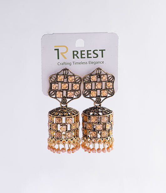 Antique Gold-Toned Jhumka Earrings with Stone Accents