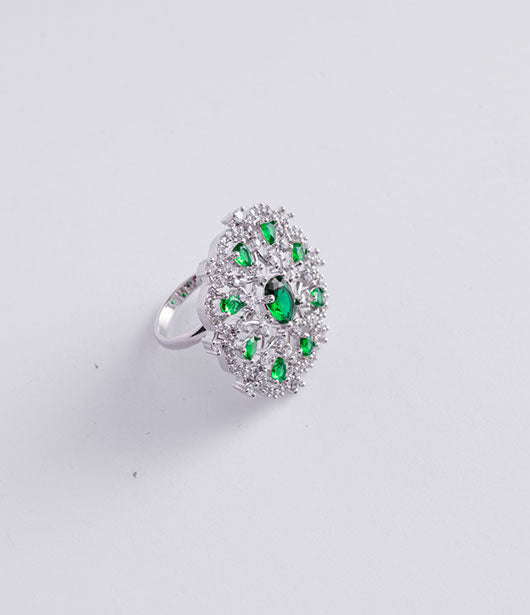 American Diamond Statement Ring with Green Accents