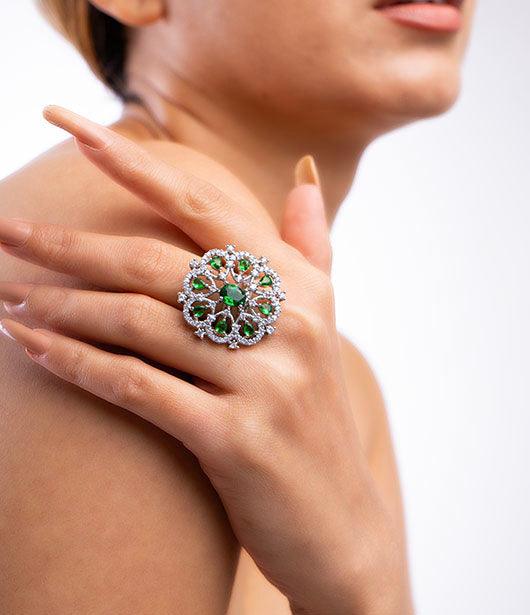 American Diamond Statement Ring with Green Accents