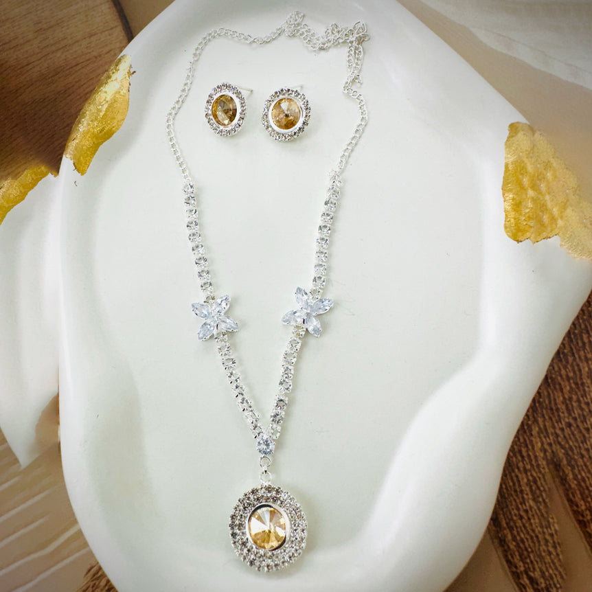 Golden Crystal Pendant Necklace and Earring Set