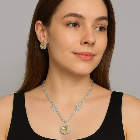 Golden Crystal Pendant Necklace and Earring Set