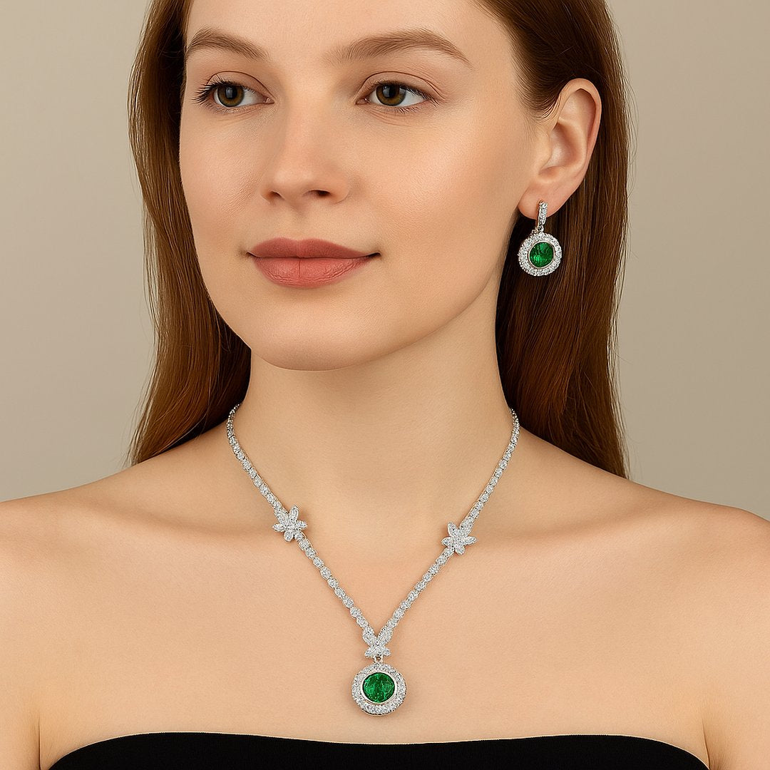 Golden Crystal Pendant Necklace and Earring Set
