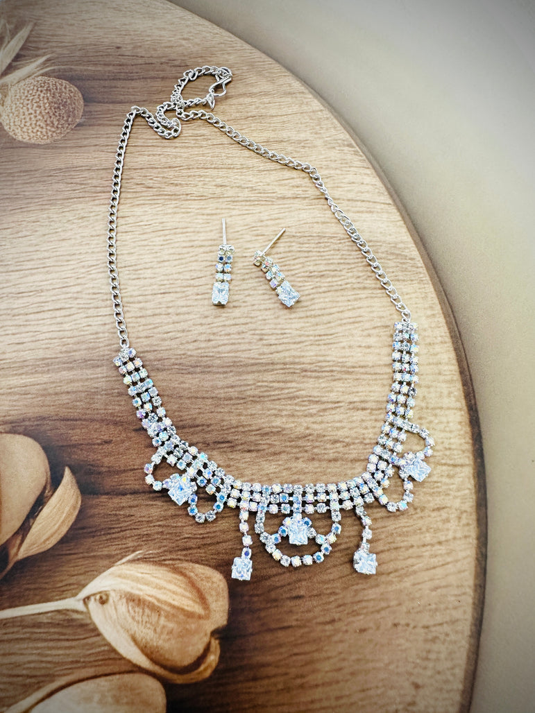 Delicate Silver-Tone Crystal Necklace and Earring Set