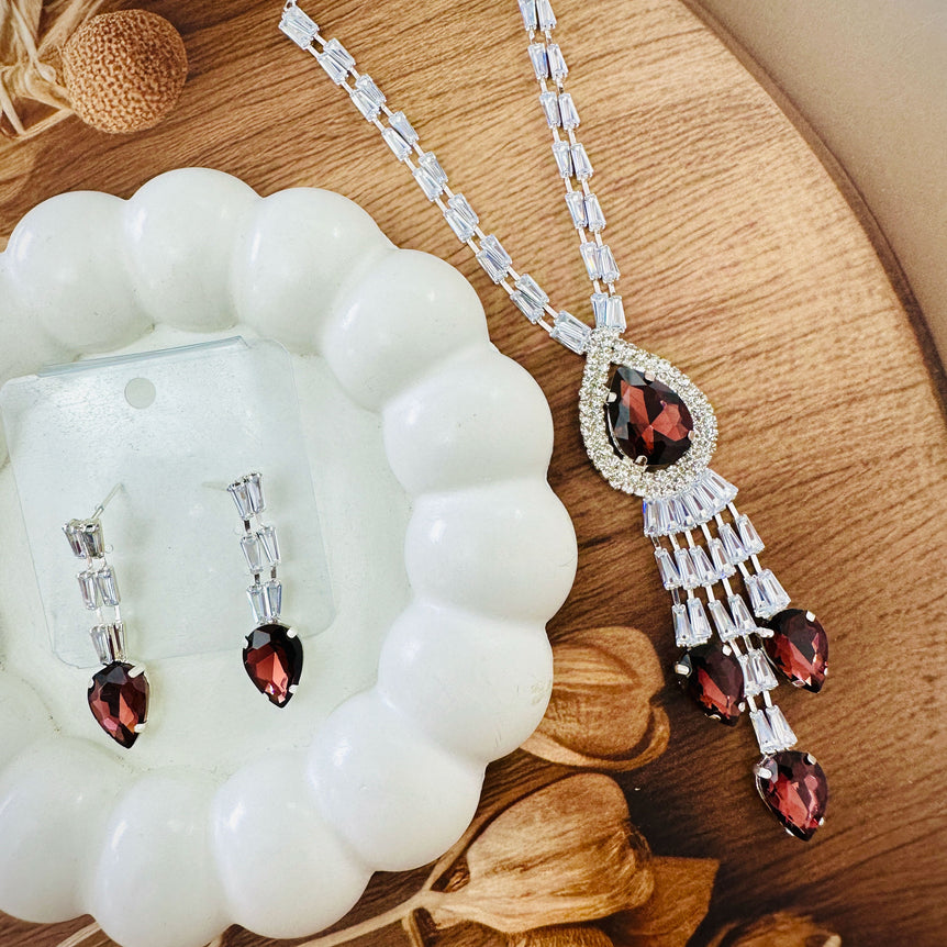 Red Teardrop Crystal Necklace and Earring Set