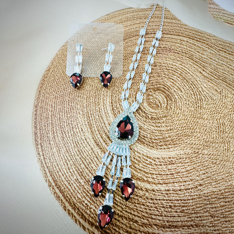 Red Teardrop Crystal Necklace and Earring Set