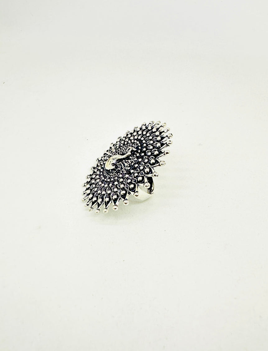 Antique Silver-Tone Oversized Adjustable Floral Ring