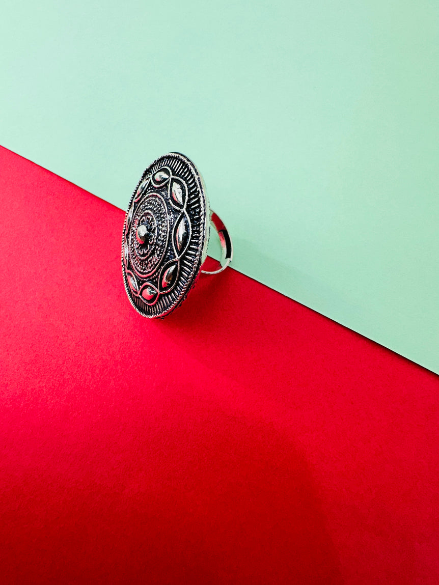 Antique Silver-Tone Adjustable Ethnic Oval Ring