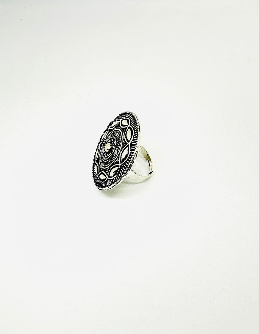 Antique Silver-Tone Adjustable Ethnic Oval Ring