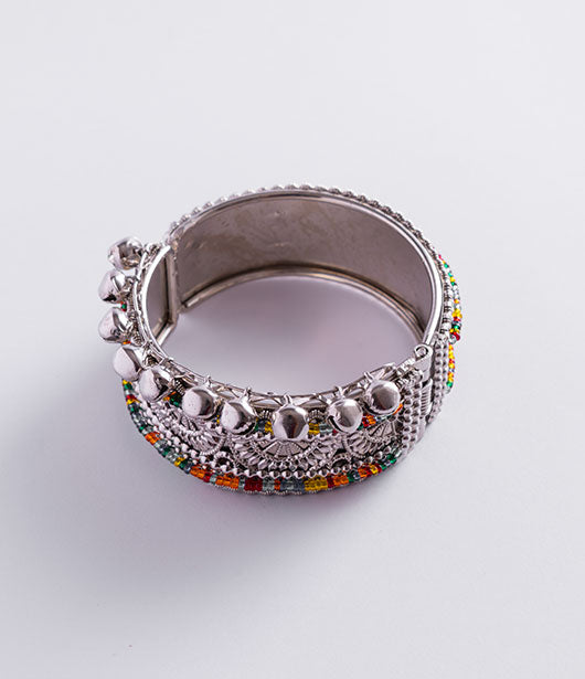 Ethnic Silver Bangle with Bells and Beaded Detailing