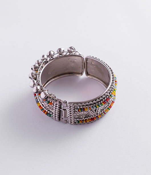 Ethnic Silver Bangle with Bells and Beaded Detailing