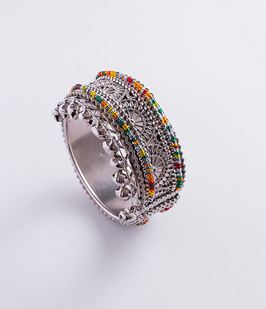 Ethnic Silver Bangle with Bells and Beaded Detailing