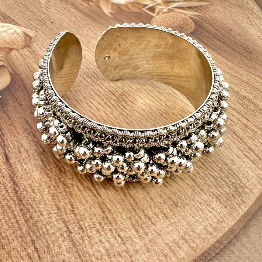 Antique Silver-Tone Beaded Cuff Bracelet