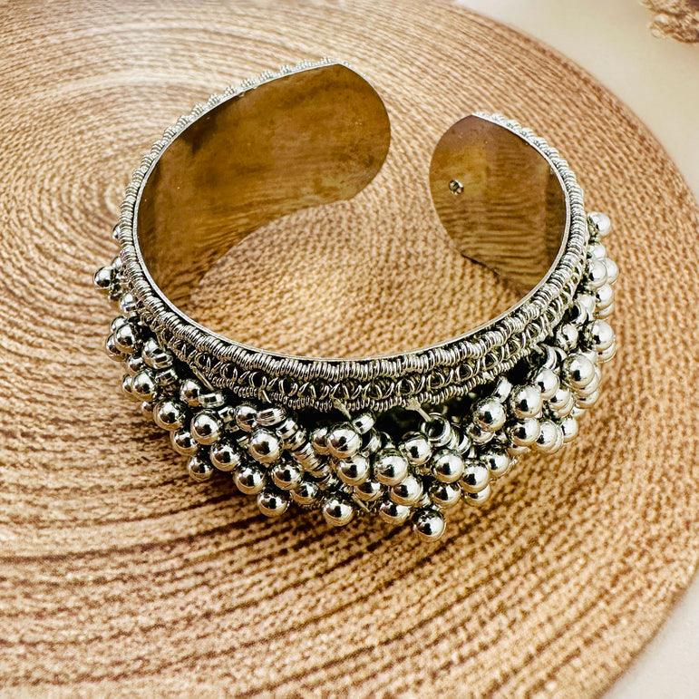 Antique Silver-Tone Beaded Cuff Bracelet