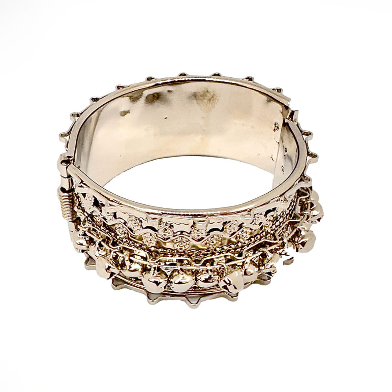 Ornate Silver-Tone Hinged Cuff Bracelet with Chain Details