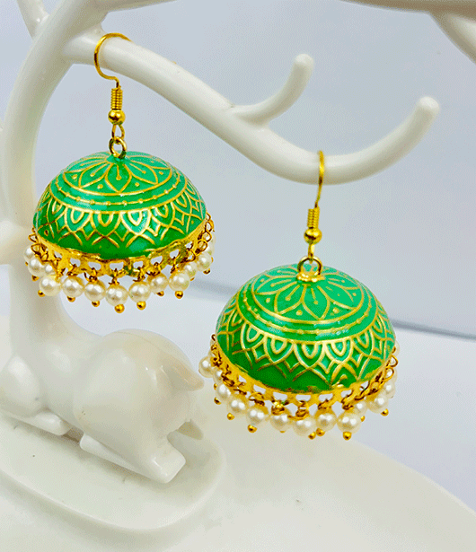 Traditional Green and Gold Jhumka Earrings with Pearl Accents