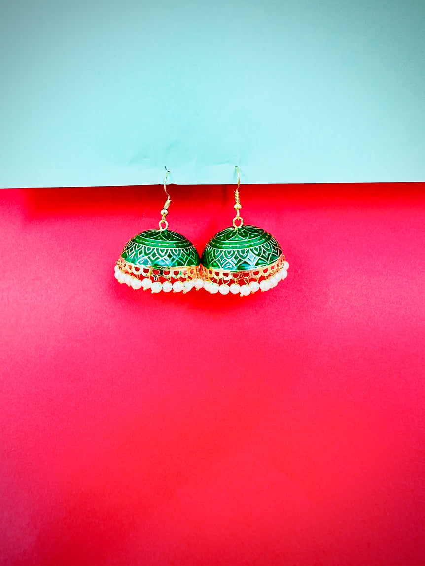 Traditional Green and Gold Jhumka Earrings with Pearl Accents