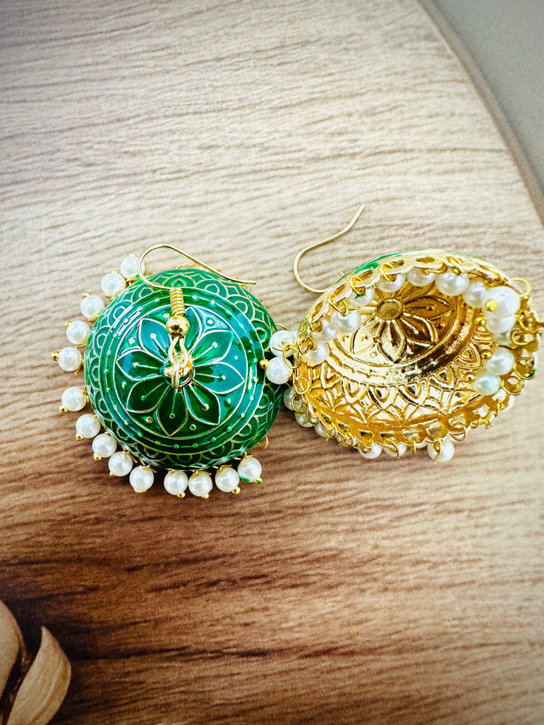 Traditional Green and Gold Jhumka Earrings with Pearl Accents