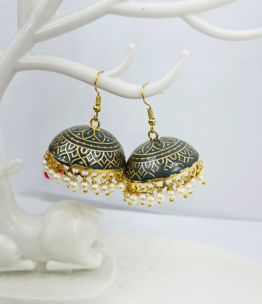 Traditional Green and Gold Jhumka Earrings with Pearl Accents