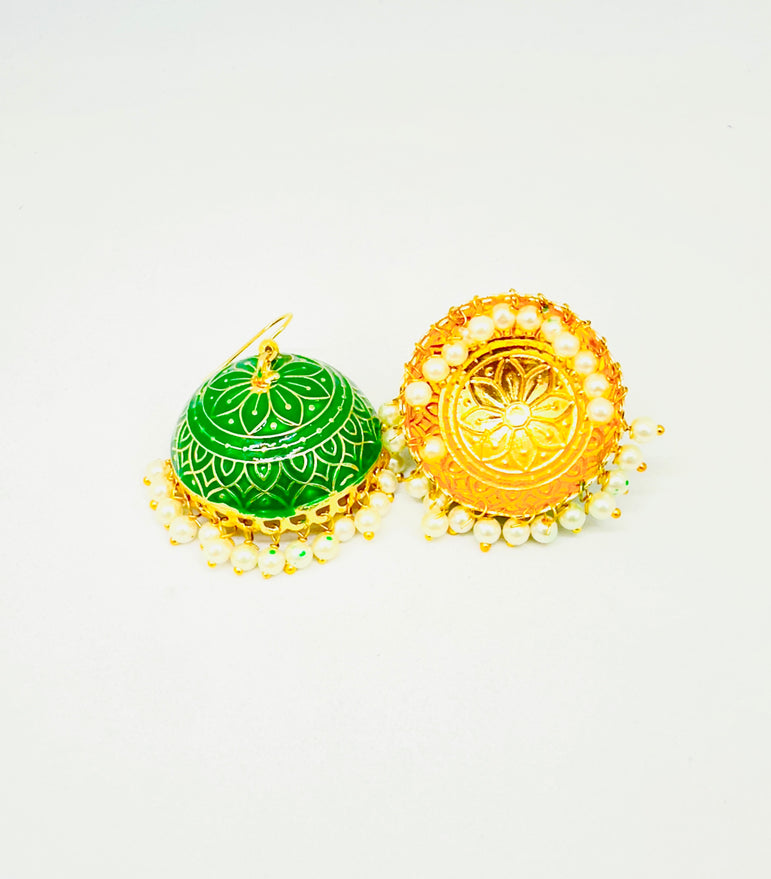 Traditional Green and Gold Jhumka Earrings with Pearl Accents