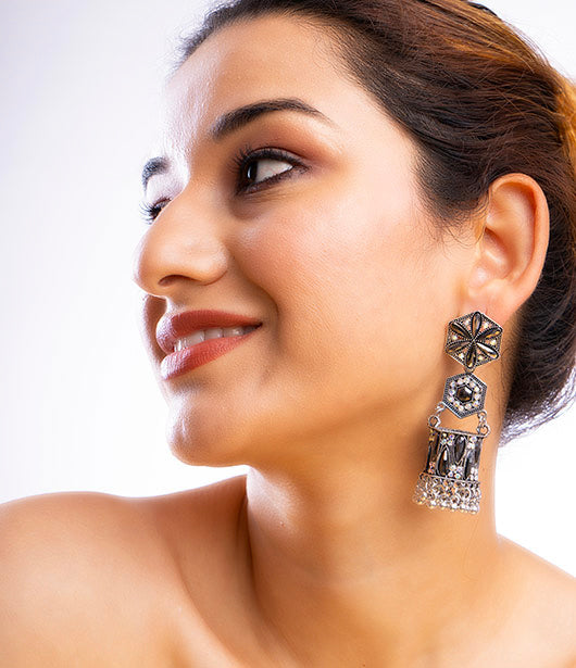 Statement Black & Silver Geometric Jhumka Earrings