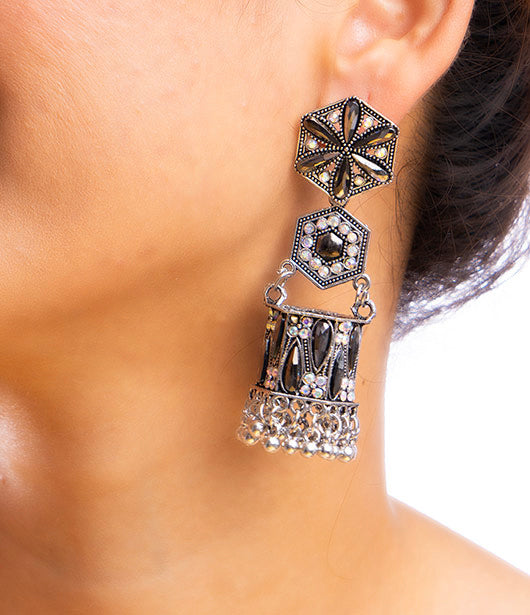 Statement Black & Silver Geometric Jhumka Earrings