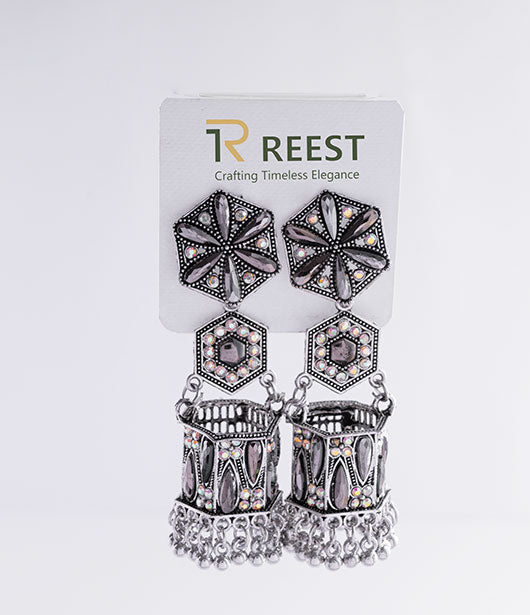 Statement Black & Silver Geometric Jhumka Earrings