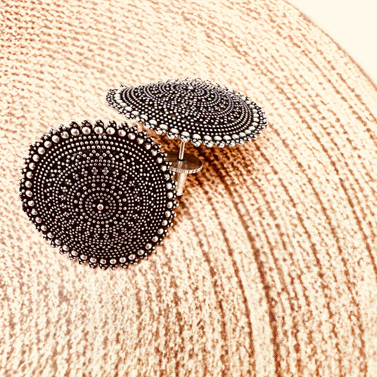 Antique Silver-Tone Round Stud Earrings