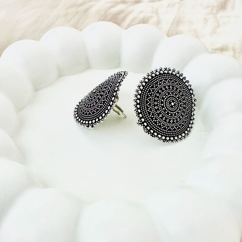 Antique Silver-Tone Round Stud Earrings