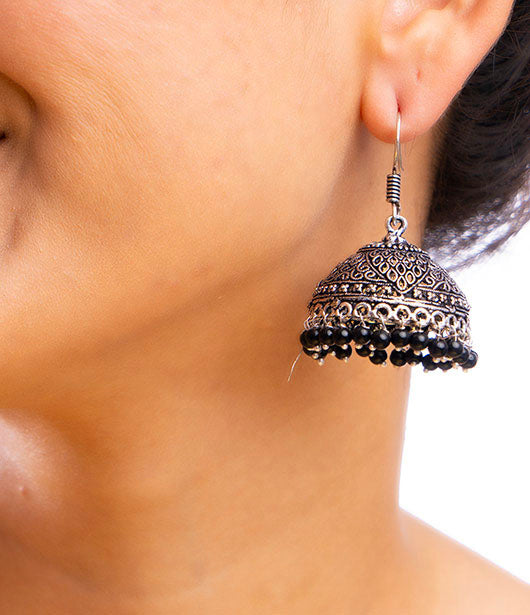 Oxidized Silver Jhumka Earrings with Black Beads