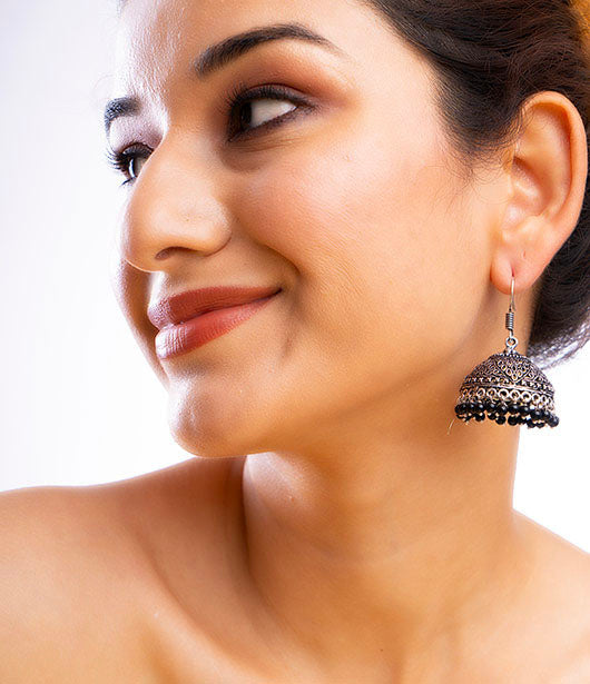 Oxidized Silver Jhumka Earrings with Black Beads