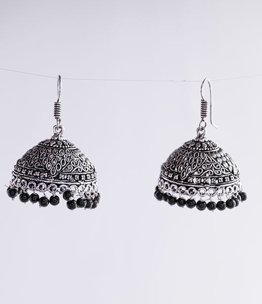 Oxidized Silver Jhumka Earrings with Black Beads