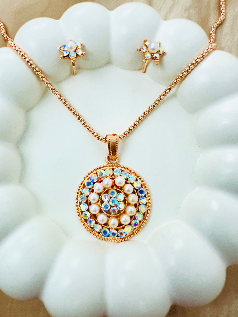 Gold-Toned Pearl and Crystal Chain Pendant  Set