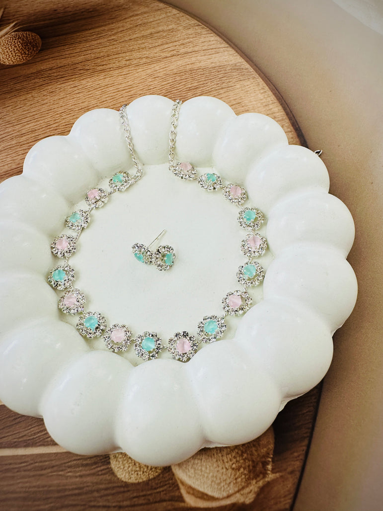 Pastel Gemstone Necklace Set with Earrings