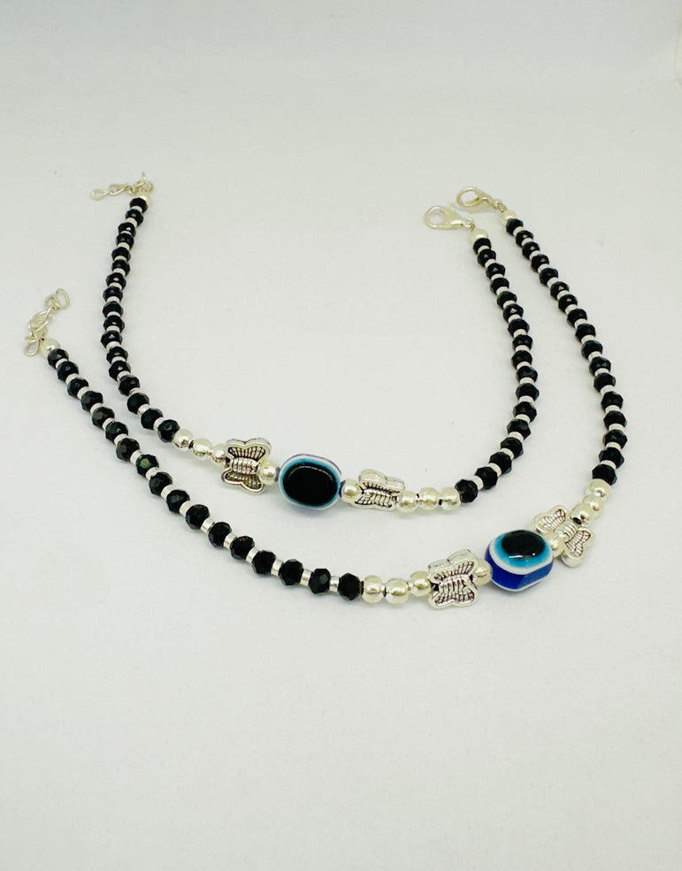 Black Beaded Evil Eye Anklet Set with Silver-Tone Charms