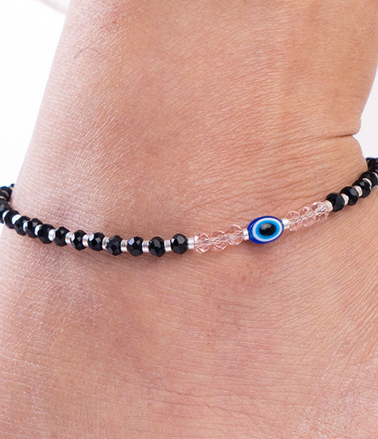 Black and Pink Beaded Evil Eye Anklet Set