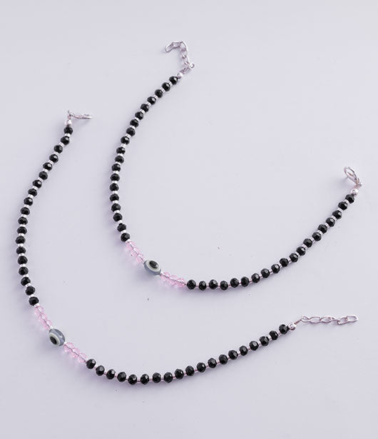 Black and Pink Beaded Evil Eye Anklet Set