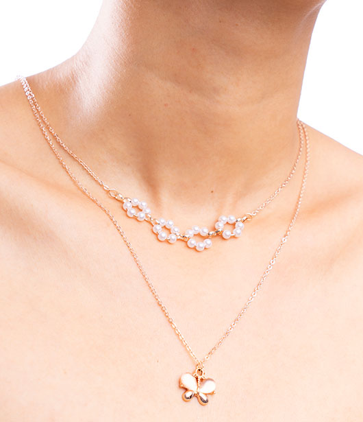 Rose Gold Floral Butterfly Layered Necklace