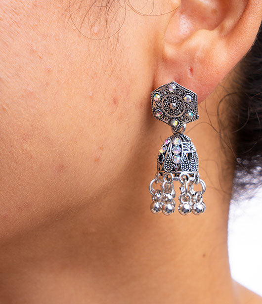 Antique Silver Jhumka Earrings with Stone Accents