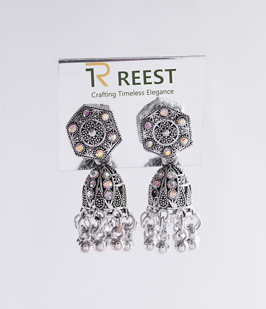 Antique Silver Jhumka Earrings with Stone Accents