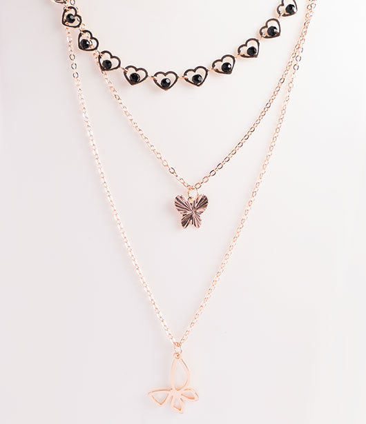 Triple Layer Heart and Butterfly Pendant Necklace