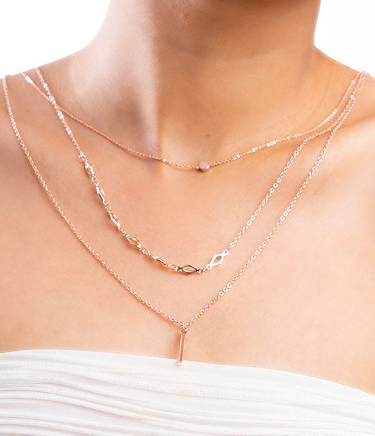 Triple Layer Rose Gold Necklace with Bar Pendant