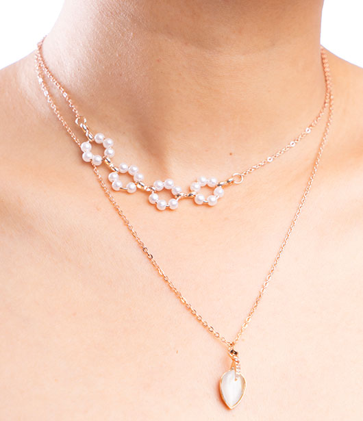 Rose Gold Double Layer Floral and Teardrop Necklace