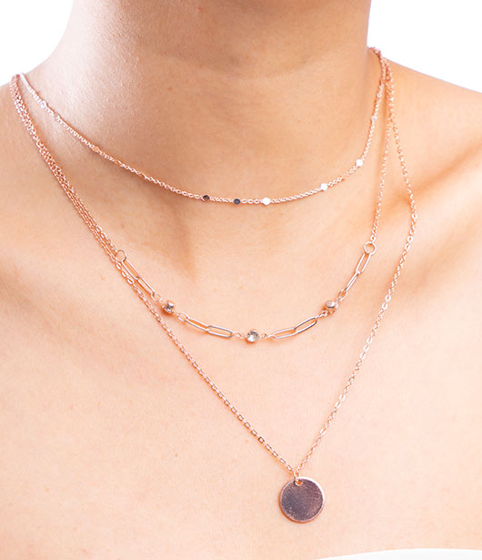 Rose Gold Triple Layer Disc and Chain Necklace