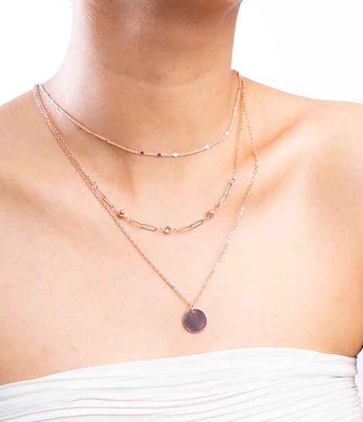 Rose Gold Triple Layer Disc and Chain Necklace