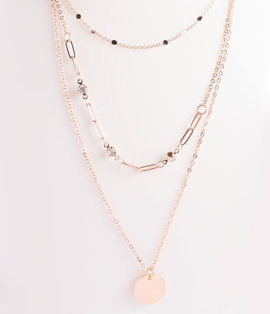 Rose Gold Triple Layer Disc and Chain Necklace