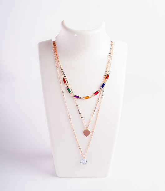 Rose Gold Triple Layer Multicolor and Heart Necklace