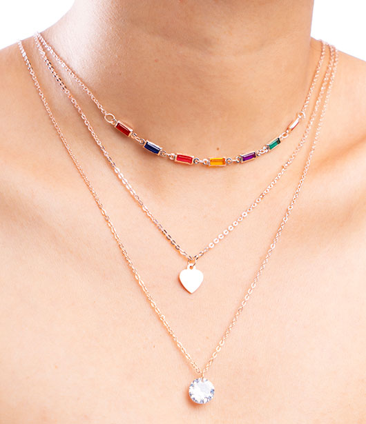 Rose Gold Triple Layer Multicolor and Heart Necklace