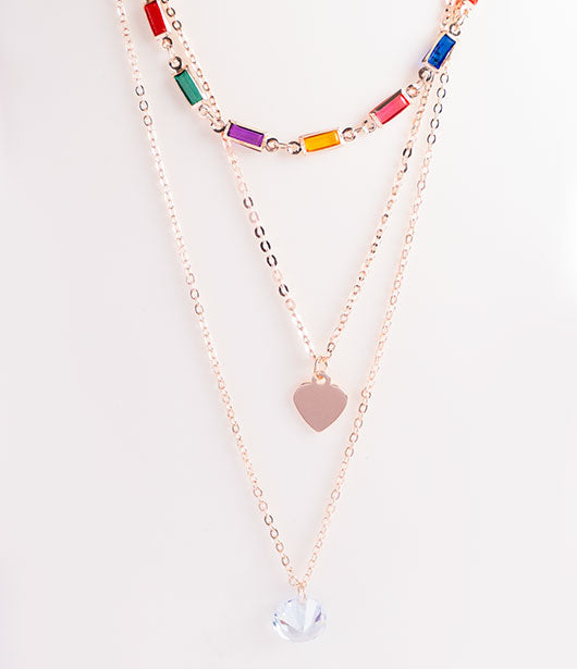 Rose Gold Triple Layer Multicolor and Heart Necklace