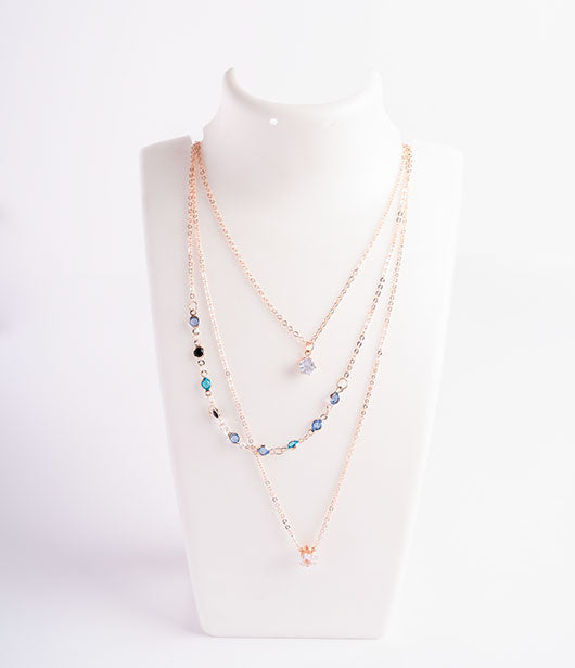 Rose Gold Triple-Layer Blue Stone and Crystal Charm Necklace